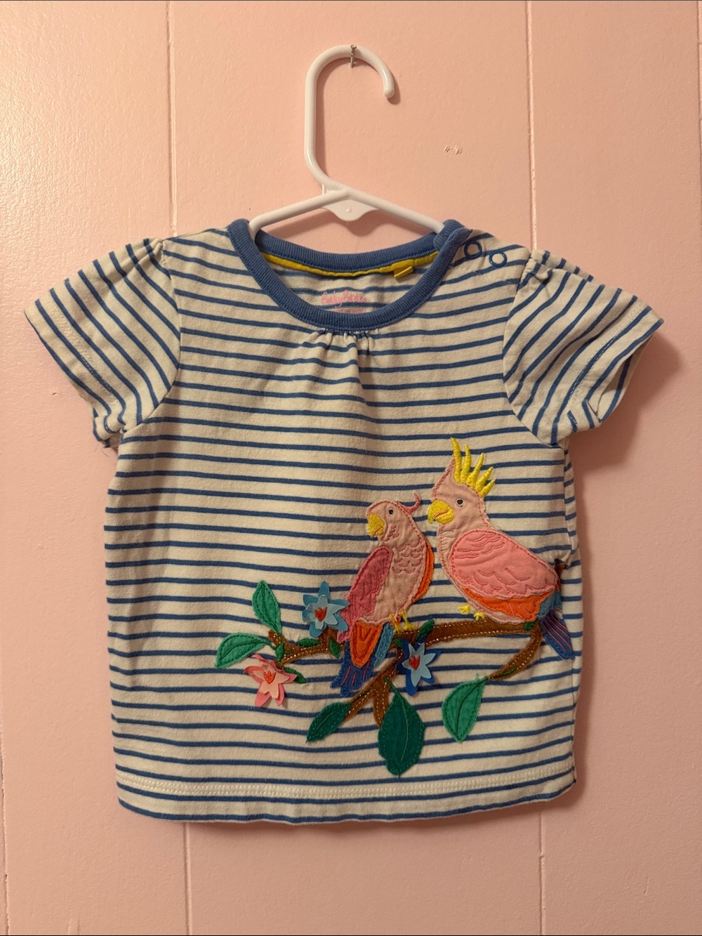 Baby Boden Blue & White Striped Kids Tee with Parrot Appliqué